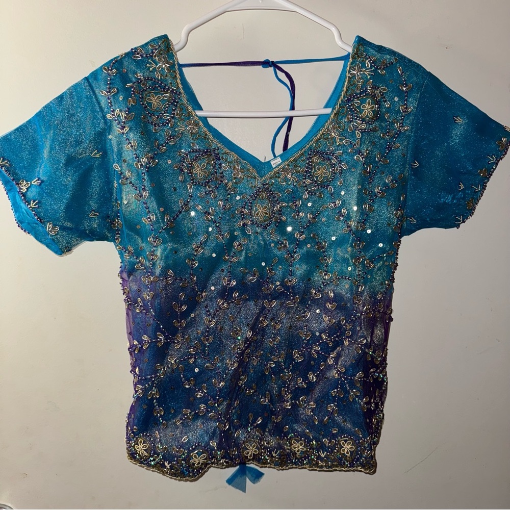 Blue Indian Blouse with Skirt & Scarf with golden rhinestone